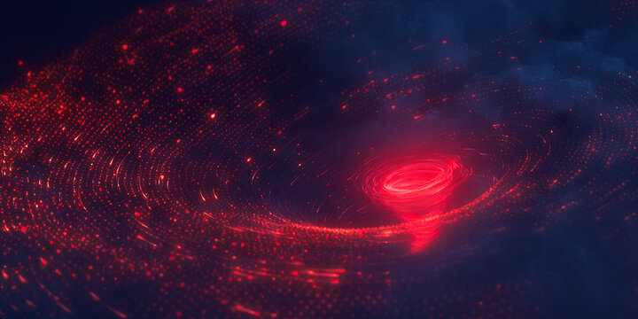Abstract digital illustration of glowing red particles forming a central vortex and radiating outwards on a dark blue background, suggesting an energy flow or a data stream pattern