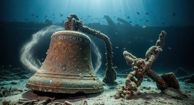 Ancient Ship Bell Inscribed The Serpent's Kiss and Rusty Anchor on Deep Sea Floor with Sun