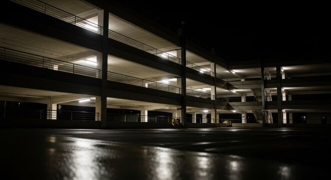 Illuminated multi-tier parking garage at night with reflections on wet ground