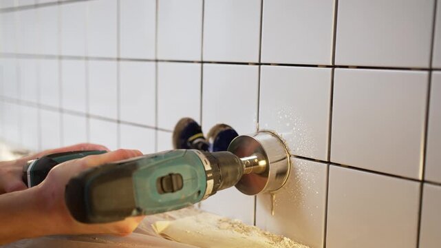 Close up view of a professional tiler's hands drilling a hole in a kitchen's white tile wall, preparing the space for the installation of an electrical socket during a renovation