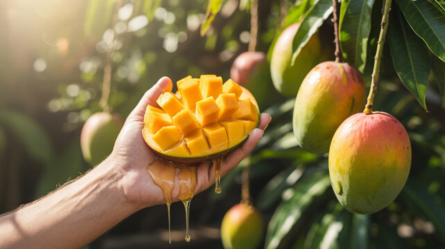 Hand Holding a Freshly Cut Mango Dripping with Juice Amidst a Mango Tree Orchard juicy