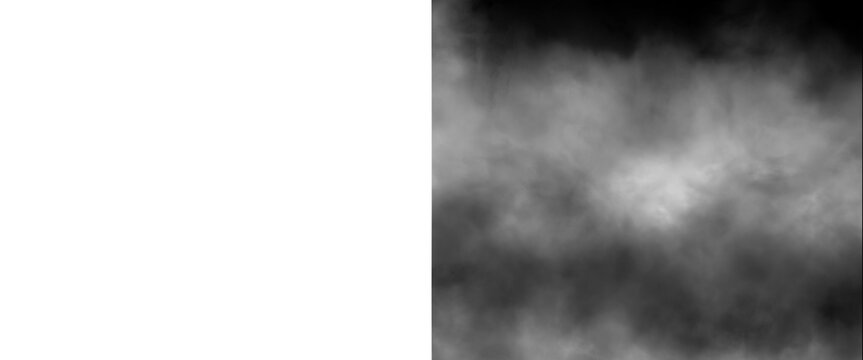 Atmospheric white smoke on black background, ethereal fog texture for overlay, misty vapor clouds for cinematic design and photo editing