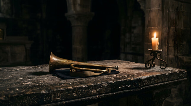 Vintage Brass Bugle resting on a weathered stone altar beside a burning candle in a dark, atmospheric medieval church interior.