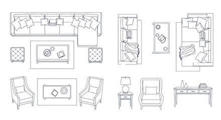 Fototapeta premium Luxury Interior Design Furniture Symbols, Contemporary Sofa and Armchair Set for Architectural Drawings