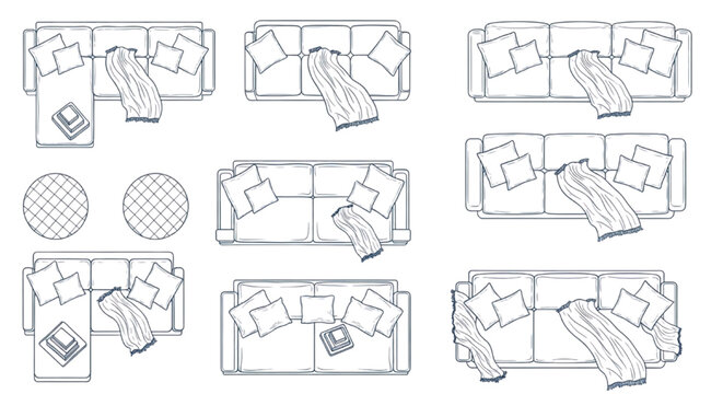 Modern Luxury Furniture Elevation Symbols, Front and Side View Line Art for Interior Design Concepts