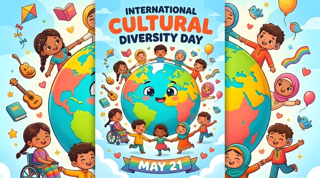 Children celebrating international cultural diversity day around a smiling earth globe illustration high quality professional detailed modern elegant stylish clean crisp vibrant
