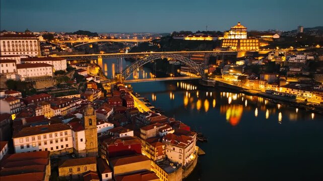 aerial panoramic view of porto portugal with historic old city skyline along the douro river video timelapse