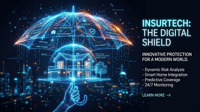 Insurtech concept with protective digital umbrella over a house