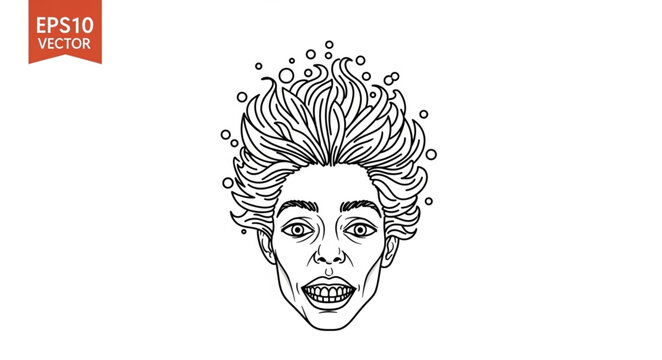 Shocked Face Illustration with Wild Hair and Bubbles.