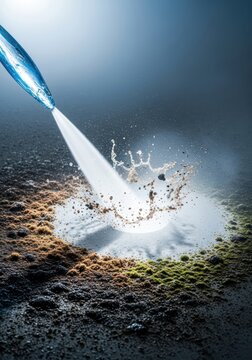 High pressure water stream cleaning a dirty surface, blasting away grime, mold, and buildup, revealing the spotless material beneath, hose, scrubbing, blasting