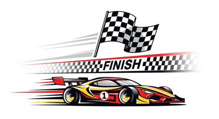 Race Car Speeding Towards Finish Line with Checkered Flag. © JAENAL