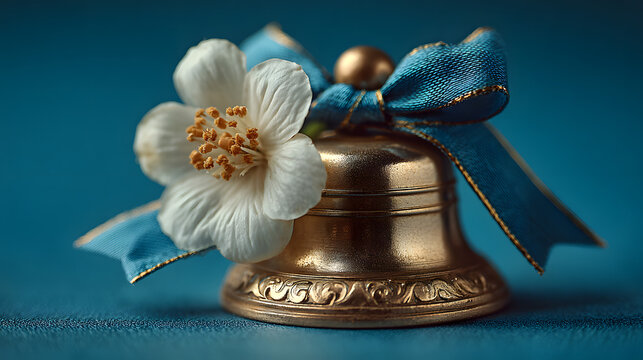 A brass school bell with a white flower and blue bow is a traditional symbol for the first day of school. It commemorates the academic beginning and the student's end of term. An education theme conce