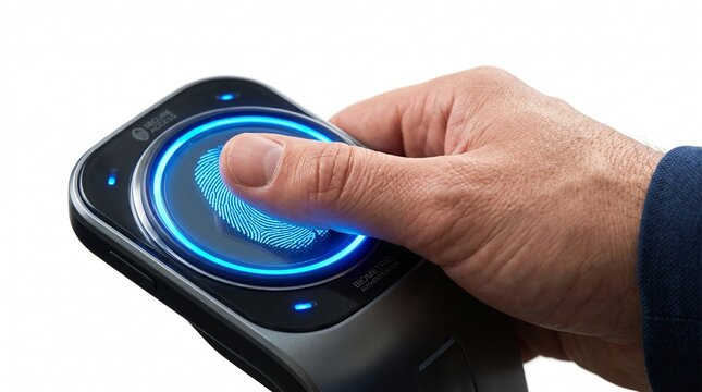 Hand pressing blue button on device.