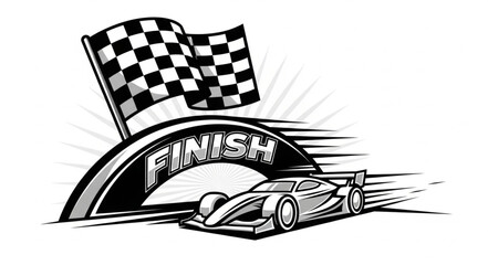 Racing car crossing the finish line with checkered flag. © JAENAL