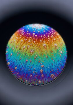 Vibrant macro shot of soap bubble film displaying iridescent colors and complex surface tension patterns on a dark background, spectral, cyan, design