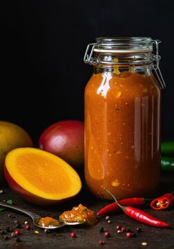 Vibrant orange mango chutney made from scratch, preserved in a glass jar and presented on a rustic surface with fresh chilies and fruit, appetizer, chutney, fiery