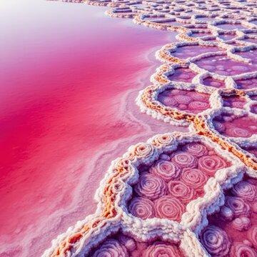 Vibrant pink brine landscape, where crystallized salt formations meet shallow, mineral-rich water creating stunning geometric patterns, flat, environmental, nature