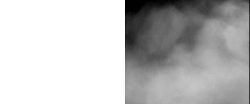 Atmospheric white smoke on black background, ethereal fog texture overlay, mystical wispy steam clouds for cinematic design and photo compositing
