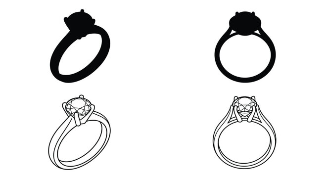 diamond ring silhouettes and line drawings on white background