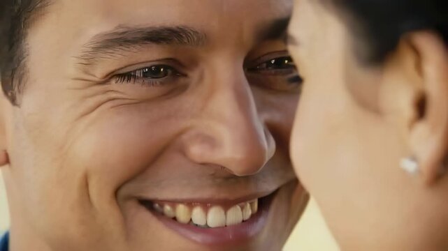 Making eye contact, smiling man widening grin and leaning closer in warm room, expressing affection
