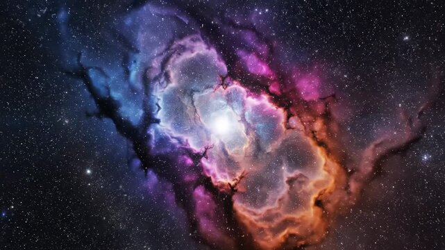 A breathtaking vista of a vibrant celestial cloud formation glows with iridescent hues of purple, blue, and orange, illuminated by a radiant stellar core amidst the endless expanse of the cosmos