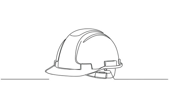 Continuous line art construction hard hat safety helmet vector illustration, Minimalist continuous line drawing of a construction safety hard hat.