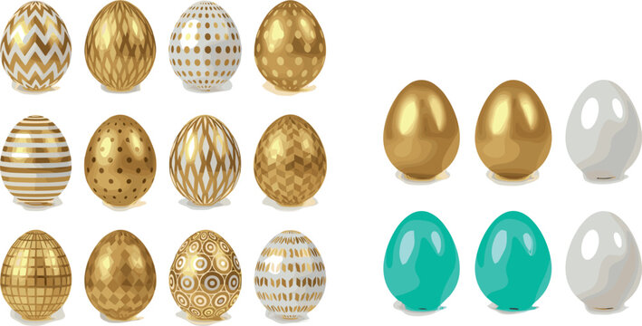 Set of Decorative Golden and Colored Easter Eggs with Various Patterns for Festive, Holiday, and Spring Celebrations