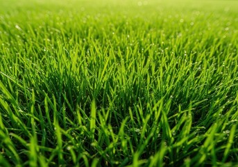 Obraz premium Close-up texture of freshly cut, dense green grass blades covering an entire area, illuminated by bright sunlight, symbolizing growth and tranquility, foliage, detailed, turf