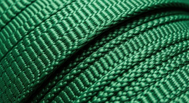 Detailed macro photograph of durable emerald green nylon webbing material, emphasizing texture for outdoor equipment and securing gear and loads, accessory, strong, outdoor