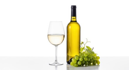 Fototapeta premium Elegant white wine tasting setup with a full bottle and glass next to fresh grapes, clean isolation on a bright white surface, simple, backdrop, white background