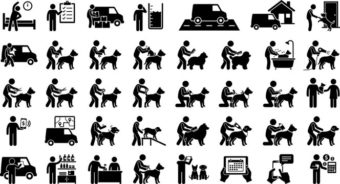 Black silhouette icons of people and dogs in various activities and professions  dog grooming and pet care services