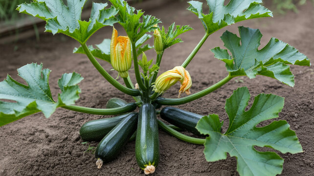 Zucchini Plant Growing in Soil with Ripe Zucchinis and Yellow Flowers garden