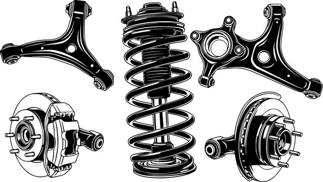 Black and white vector illustration of automotive suspension parts including coil spring and shock absorber
