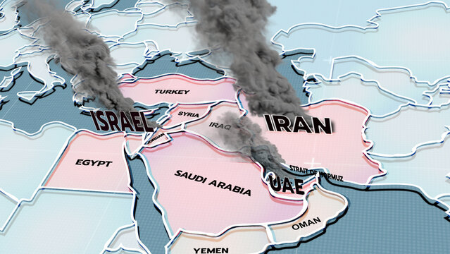 A 3D world map highlights Israel, and Iran, the Middle East, IRAN map, Israel map, iran israel war, iran israel map, UAE map, IRAN UAE, middle east war