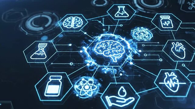 Futuristic medical HUD with brain icon and health science symbols in a connected network.