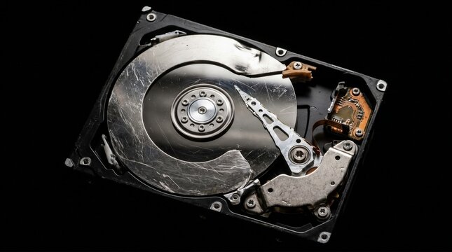 Opened hard disk drive revealing internal mechanical components on dark background