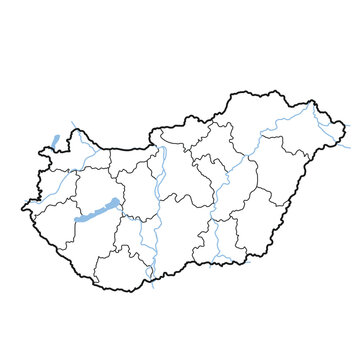 Hungary map country and regions border with waters, rivers, lakes