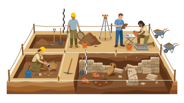 A team of professional archaeologists carefully excavates various historical pottery fragments and structural ruins within an organized isometric grid layout on a sandy surface.