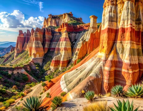 Vibrant striped sandstone hoodoos and agave plants in a desert landscape under blue sky