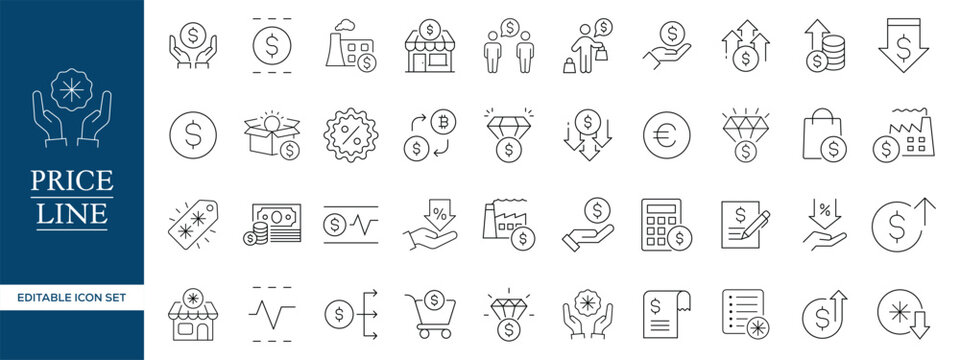 Price Line Icons Set, Discount Pricing Payment Ecommerce Outline Vector Collection Editable Stroke