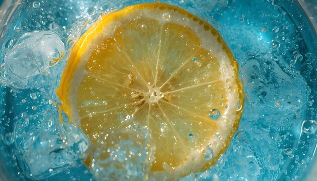 Lemon piece immersed in sparkling clear blue beverage