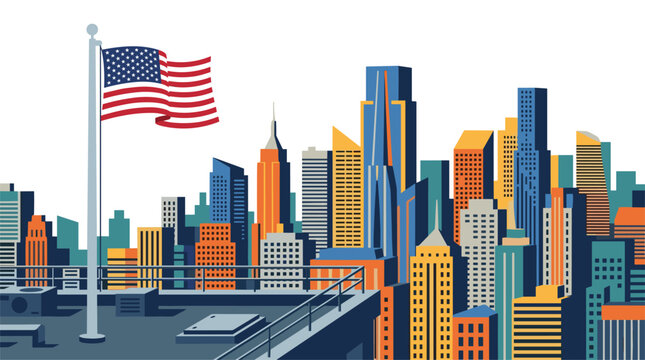 The American flag waves on a flagpole atop an urban rooftop overlooking a dense skyline filled with colorful high-rise buildings and modern architecture.