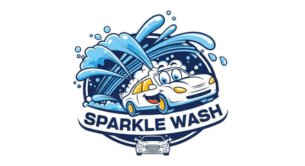 Fototapeta premium Sparkle Wash Cartoon Car with Water Splash Logo.