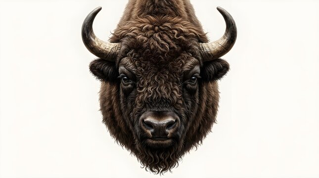 Close-Up Portrait of Brown European Zubr Bison Head on White Background with Hyper-Detailed Fur, Textured Horns and Realistic Eyes in Minimal Luxury Wildlife Illustration Style