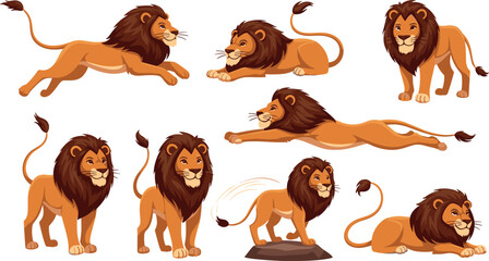 Lion Set Featuring Lions in Different Poses Including Resting, Running, and Roaring for Wildlife Illustrations © KP Studio