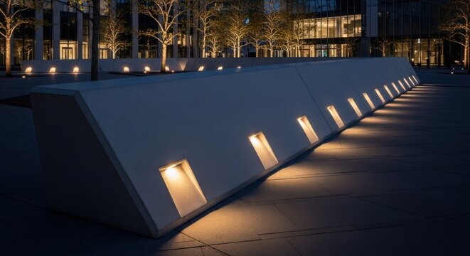 Modern Angular Concrete Barrier with Integrated Uplighting in an Urban Nightscape