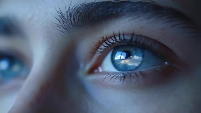 Glancing person's right eye blinking and stabilizing upward gaze near window, reflecting cloudy sky