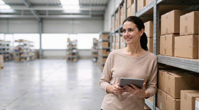 Smiling female warehouse worker standing in a large distribution center holding a digital tablet and checking inventory stock levels