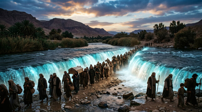 Glowing river splitting into two radiant channels representing biblical miracle symbolism and spiritual renewal