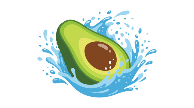 A ripe halved avocado showing its central brown pit is centered amidst a large and refreshing blue water splash effect against a plain white background for design.